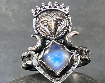 Owl King Moonstone Ring Sterling Silver Crown Crescent Moon