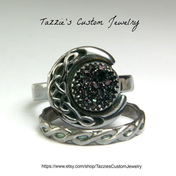 Silver Celtic Knot Black Druzy Moon Ring Sterling Stacker Rings, Bohemian Jewelry Cocktail Ring custom sized