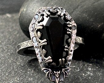 Black Onyx Coffin Ring, Sterling Silver Gothic Ring, Handmade Statement Ring, Witchy Jewelry