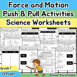 Könnte beinhalten: Eine Sammlung von Arbeitsblättern zum Thema Naturwissenschaften mit dem Titel "Kraft und Bewegung: Schub- und Zugaktivitäten". Die Arbeitsblätter umfassen Aktivitäten zum Schieben und Ziehen, mit Illustrationen und Lösungen. Die Arbeitsblätter sind für die 1. Klasse und umfassen 13 Seiten.