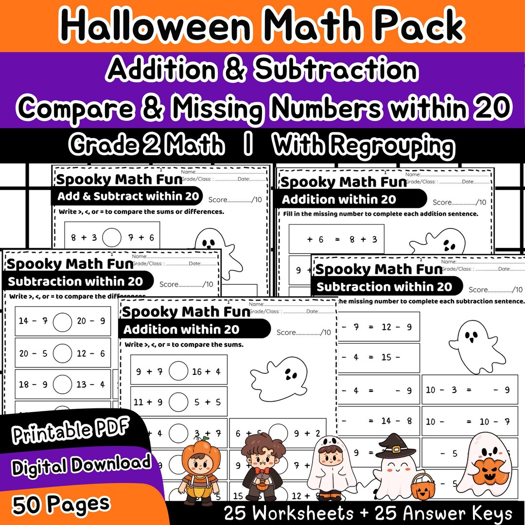 Halloween Math Worksheets: Grade 2 Addition & Subtraction Within 20 ...