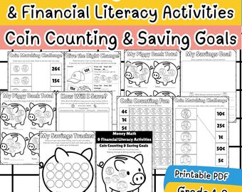 Money Math Worksheets: Grades 1–3 Coin Counting & Saving, Financial Literacy Activities (PDF Printable)