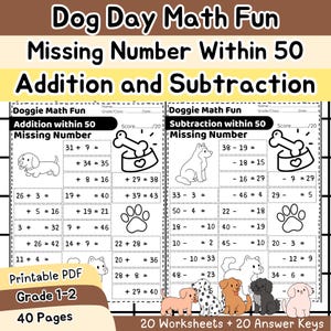Può includere: Un foglio di lavoro PDF stampabile intitolato "Dog Day Math Fun" per le classi 1-2, con problemi di addizione e sottrazione con numeri mancanti entro 50. Il foglio di lavoro include illustrazioni a tema cani.