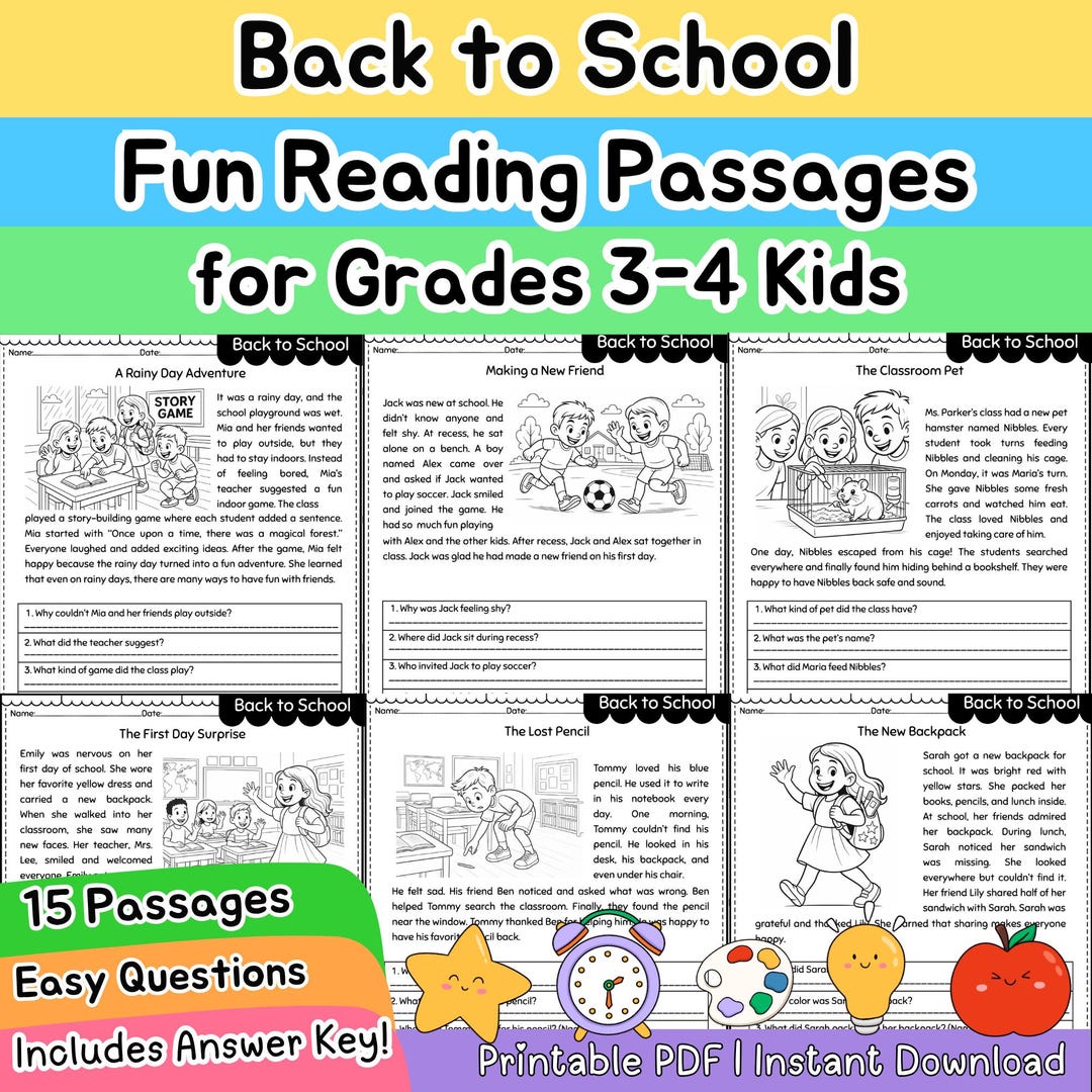 Back to School Reading Comprehension Passages With Questions: Grade 3–4 ...