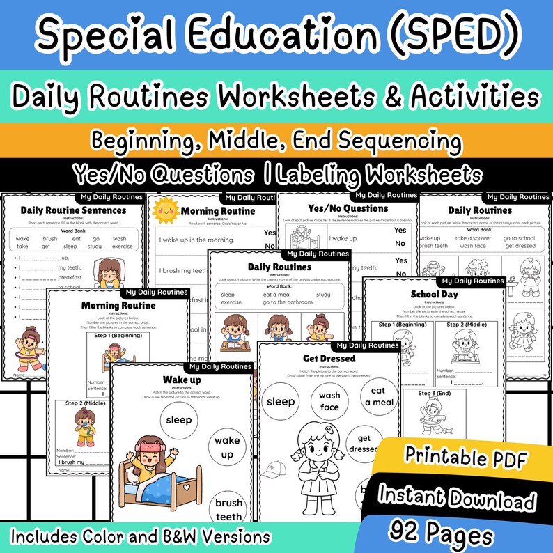 SPED Daily Routine Worksheets: Special Education Life Skills Activities ...