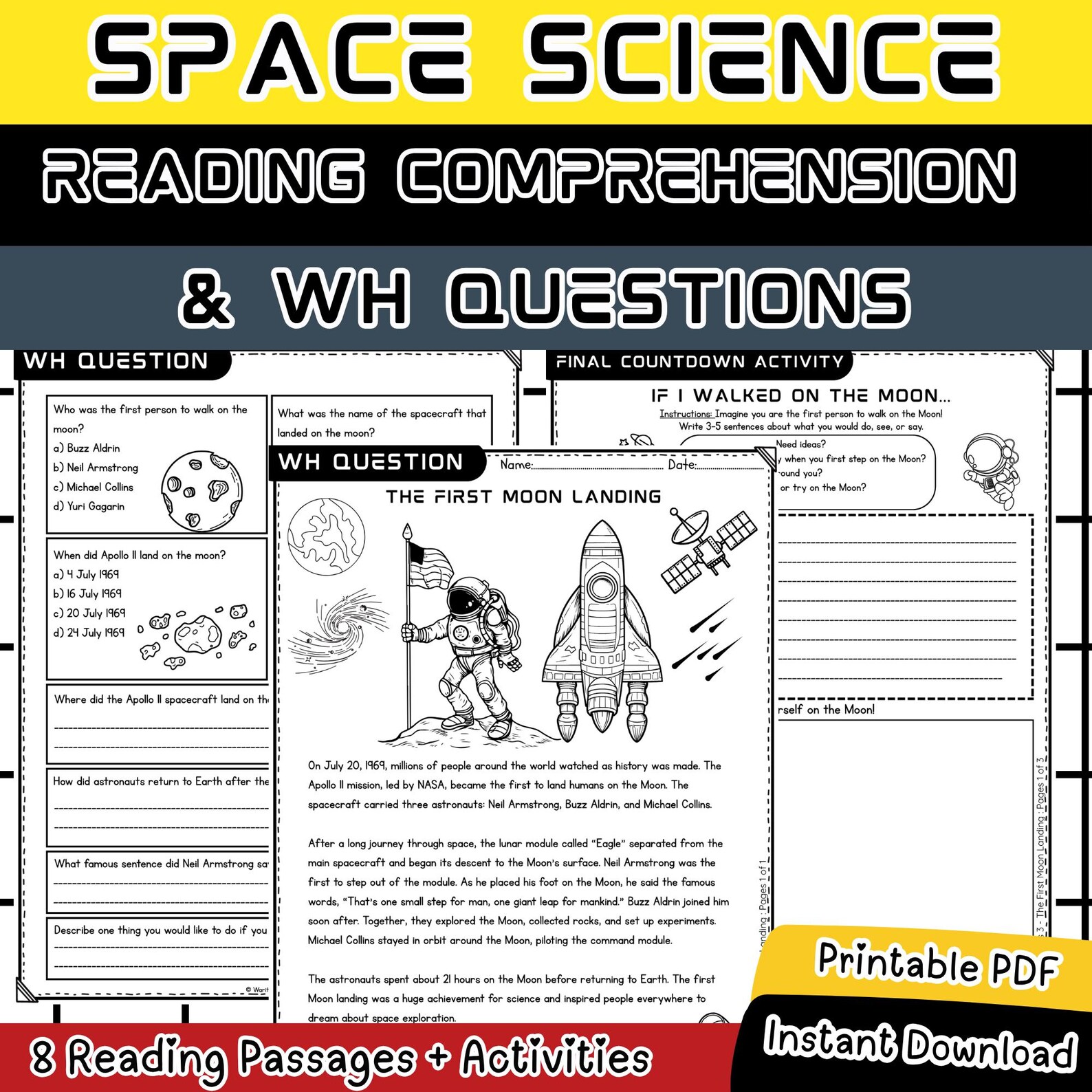 Space Science Reading Comprehension Worksheets | 8 WH Questions ...