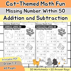 Può includere: Un foglio di lavoro PDF stampabile per le classi 1-2, con problemi di matematica a tema gatto. Il foglio di lavoro include problemi di addizione e sottrazione entro 50, con numeri mancanti. L'immagine mostra esempi dei problemi di matematica e illustrazioni di gatti.