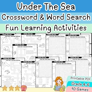 Under the Sea Crossword and Word Search, Ocean Theme Printable Puzzles PDF for Kids, Grades 4-6 Classroom Activities