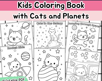 May include: A kids' coloring book titled "Blast Off to Space" featuring cats and planets. The cover shows several coloring pages with cats in space, rockets, and planets. The book is a printable PDF with 30 pages.