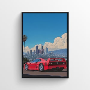 Ferrari F40 Art Print: Retro LA Skyline, Hiroshi Nagai Style (Digital Download)