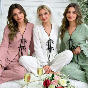 Bride Satin Pajama Set,Personalized Getting Ready Outfit,Custom Name PJs for Wedding Morning,Long Pant Long Sleeve,Bridal Pjs for Honeymoon image 5