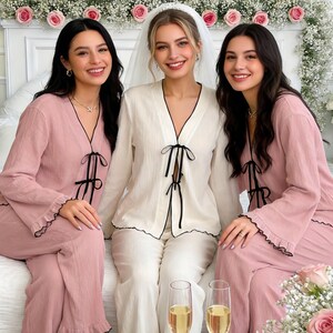Bride Satin Pajama Set,Personalized Getting Ready Outfit,Custom Name PJs for Wedding Morning,Long Pant Long Sleeve,Bridal Pjs for Honeymoon image 3