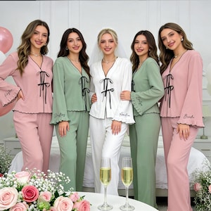 Bride Satin Pajama Set,Personalized Getting Ready Outfit,Custom Name PJs for Wedding Morning,Long Pant Long Sleeve,Bridal Pjs for Honeymoon