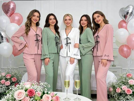 Bride Satin Pajama Set,Personalized Getting Ready Outfit,Custom Name PJs for Wedding Morning,Long Pant Long Sleeve,Bridal Pjs for Honeymoon