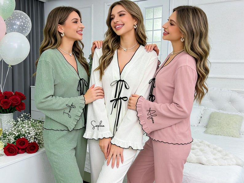 Bride Satin Pajama Set,Personalized Getting Ready Outfit,Custom Name PJs for Wedding Morning,Long Pant Long Sleeve,Bridal Pjs for Honeymoon image 2