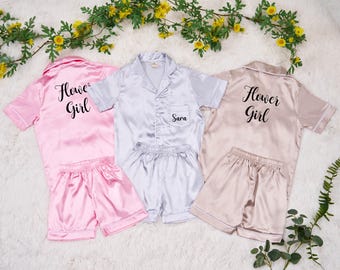 Flower Girl Pajamas,Personalized Silk Satin Kids Pajamas Set,Wedding Pajamas for Junior Bridesmaid,Youth Pjs,Birthday Gift,Christmas Gift