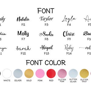 May include: A display of various font styles and color options. The image showcases different names in various fonts, including Emily, Natalie, and Taylor. Color options include black, white, silver, gold, pink, and red.