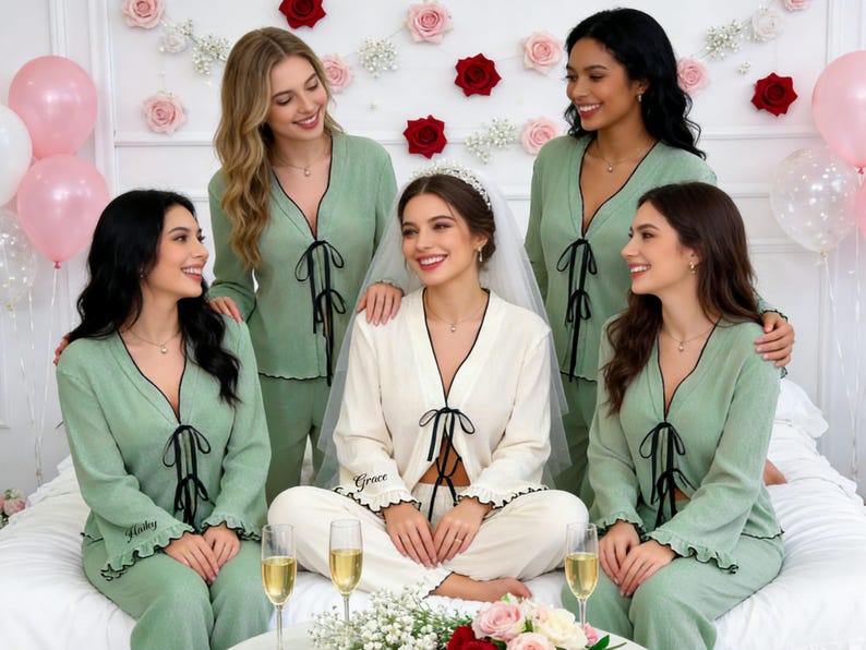 Bride Satin Pajama Set,Personalized Getting Ready Outfit,Custom Name PJs for Wedding Morning,Long Pant Long Sleeve,Bridal Pjs for Honeymoon image 9