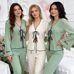 Bride Satin Pajama Set,Personalized Getting Ready Outfit,Custom Name PJs for Wedding Morning,Long Pant Long Sleeve,Bridal Pjs for Honeymoon image 11