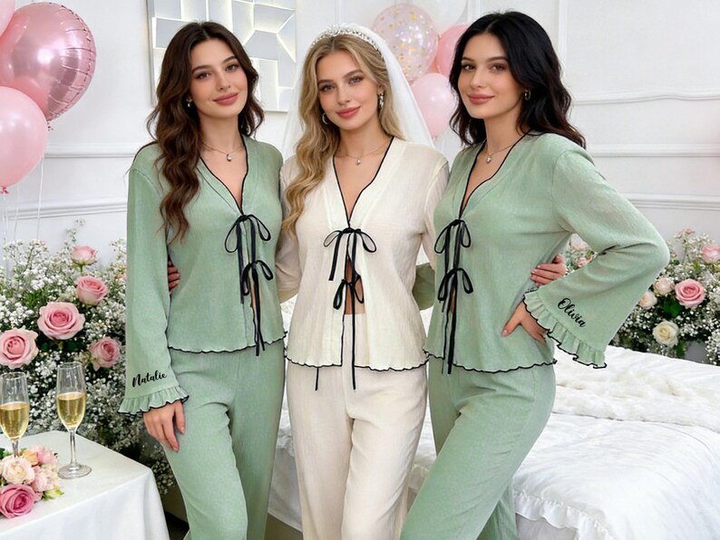 Bride Satin Pajama Set,Personalized Getting Ready Outfit,Custom Name PJs for Wedding Morning,Long Pant Long Sleeve,Bridal Pjs for Honeymoon image 11