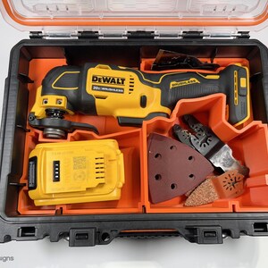 May include: An open black and orange tool case with a yellow and black DeWalt 20V MAX cordless oscillating tool, a yellow battery, and various accessories. The tool is labeled "BRUSHLESS".