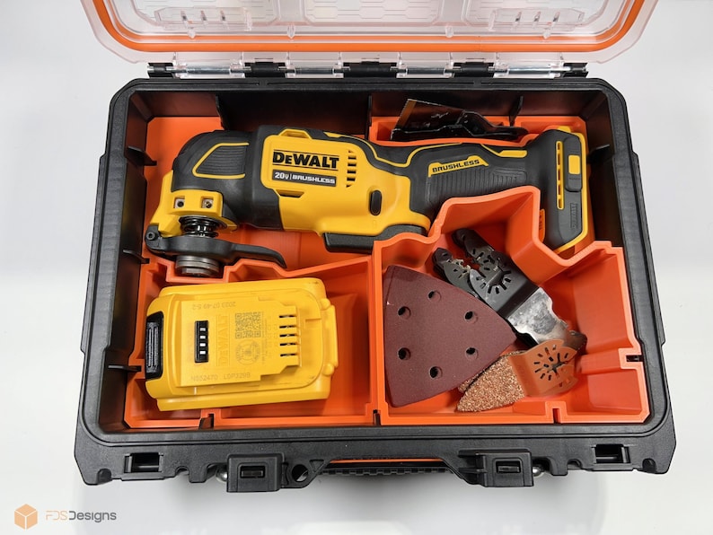 May include: An open black and orange tool case with a yellow and black DeWalt 20V MAX cordless oscillating tool, a yellow battery, and various accessories. The tool is labeled "BRUSHLESS".