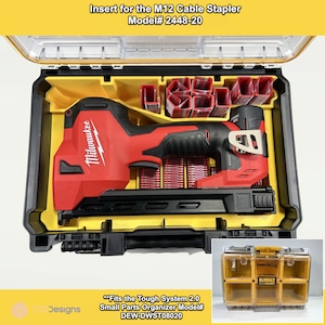 May include: A red Milwaukee M12 Cable Stapler, model number 2448-20, is shown in a yellow and black plastic case. The case has a compartment for the stapler and multiple compartments for staples. The case is labelled "Insert for the M12 Cable Stapler Model# 2448-20". The case also includes a small parts organiser, model number DEW-DWST08020, which is labelled "DEWALT".