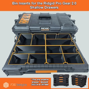 May include: Black Ridgid Pro Gear 2.0 shallow drawer bin inserts. The bin inserts have a black interior with orange accents. The image includes the text "Bin Inserts for the Ridgid Pro Gear 2.0 Shallow Drawers" and "RIDGID".