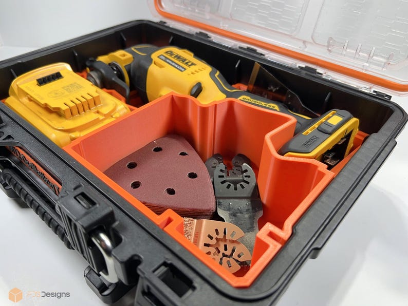 May include: A black and orange tool case with a yellow and black DeWalt oscillating tool, a battery, sanding pads, and various cutting blades.