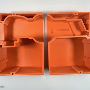 May include: Two orange plastic storage boxes with compartments. The boxes are open and show the interior compartments. The boxes are labelled "FDS Designs".