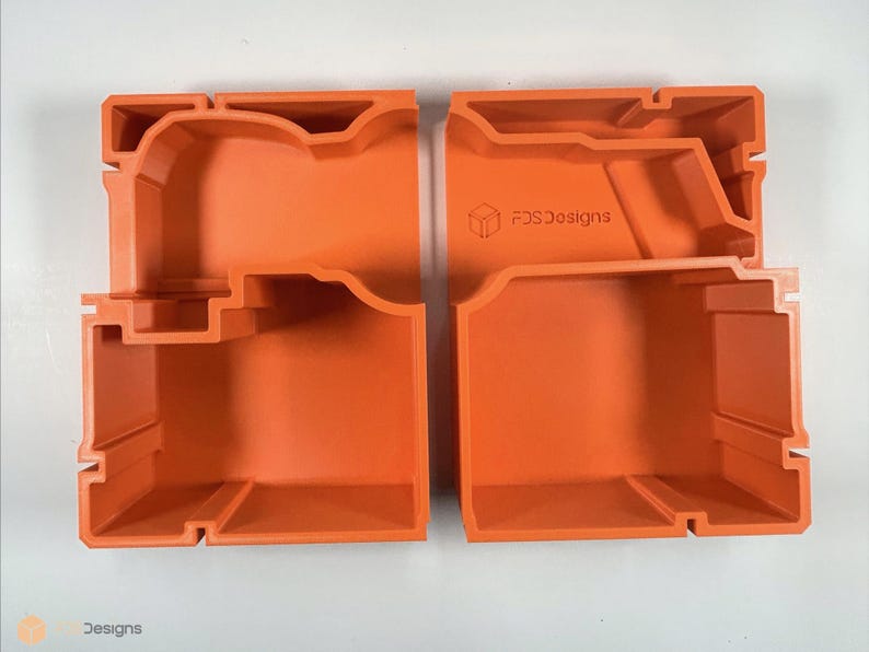 May include: Two orange plastic storage boxes with compartments. The boxes are open and show the interior compartments. The boxes are labelled "FDS Designs".