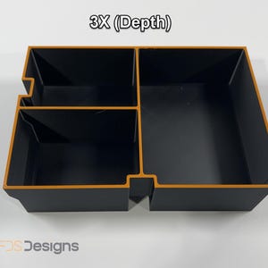 May include: A black storage organizer with orange trim, divided into three compartments. The text "3X (Depth)" is at the top. The logo "FDS Designs" is at the bottom.