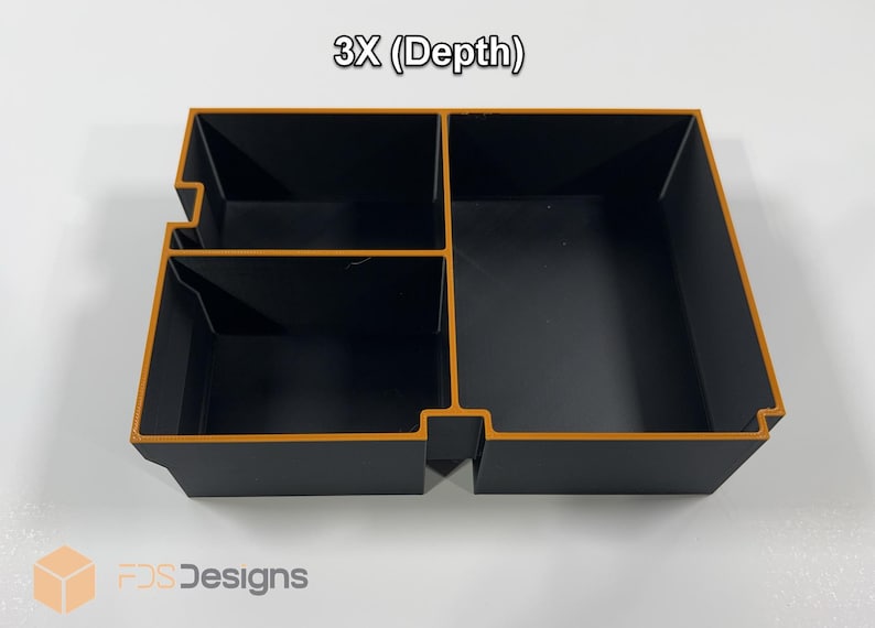 May include: A black storage organizer with orange trim, divided into three compartments. The text "3X (Depth)" is at the top. The logo "FDS Designs" is at the bottom.