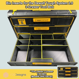 May include: Black bin inserts for a DeWalt Tough System 2.0 3-drawer tool box. The inserts have yellow detailing and are designed for the DWST08330 model. The image shows the tool box drawers open, revealing the organized compartments.
