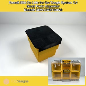 May include: A yellow and black Dewalt Slid-On Lid for the Tough System 2.0 Small Parts Organizer. The lid is black and sits on a yellow container. The text "Dewalt Slid-On Lids for the Tough System 2.0 Small Parts Organizer Model# DEW-DWST08020" is visible.