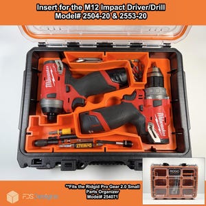 May include: A black and orange plastic storage case with two red and black Milwaukee impact drivers and a Ridgid Pro Gear 2.0 Small Parts Organizer. The case has the text "Insert for the M12 Impact Driver/Drill Model# 2504-20 & 2553-20" on the top and "Fits the Ridgid Pro Gear 2.0 Small Parts Organizer Model# 254071" on the bottom.
