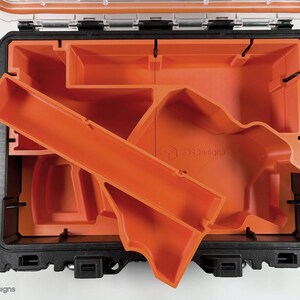 May include: An orange plastic insert for a tool box with multiple compartments. The insert is designed to fit a specific tool and has the text "3D Designs" printed on it.