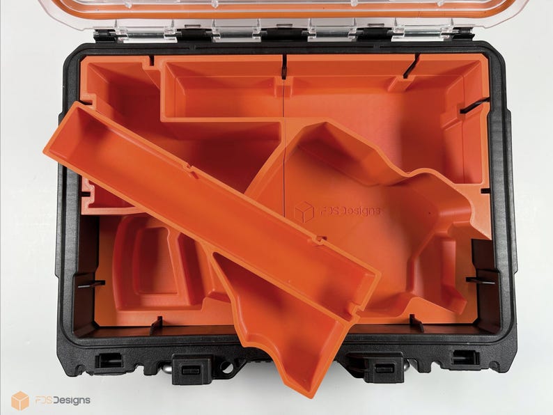 May include: An orange plastic insert for a tool box with multiple compartments. The insert is designed to fit a specific tool and has the text "3D Designs" printed on it.