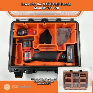 May include: Orange and black plastic storage case with a compartment insert for a red and black M12 Detail Sander. The insert also includes compartments for sanding pads, a dust collection bag, and a battery. The case is labelled "Insert for the M12 Detail Sander Model# 2531-20".