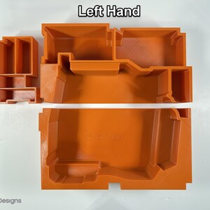 Peut inclure: Moules en plastique orange, avec le texte "Left Hand" en haut. Les moules sont de formes et de tailles vari&eacute;es, notamment des formes rectangulaires et en forme de bo&icirc;te. Le moule inf&eacute;rieur porte le texte "FSDesigns".