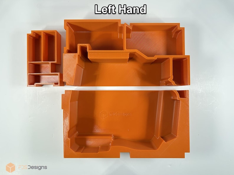 Peut inclure: Moules en plastique orange, avec le texte "Left Hand" en haut. Les moules sont de formes et de tailles vari&eacute;es, notamment des formes rectangulaires et en forme de bo&icirc;te. Le moule inf&eacute;rieur porte le texte "FSDesigns".