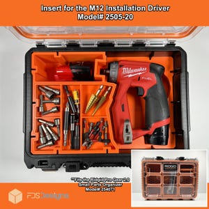 May include: A red and black Milwaukee FUEL drill with a clear plastic case. The case has a compartment for the drill and a separate compartment for bits and accessories. The case is labeled "Insert for the M12 Installation Driver Model# 2505-20". The case also fits the Ridgid Pro Gear 2.0 Small Parts Organizer Model# 254071.