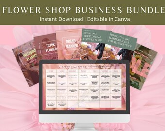 Op de afbeelding: Een digitale marketingbundel voor bloemenwinkels, met een computermonitor met een 30-daagse contentkalender. De afbeelding bevat verschillende planners voor Instagram, TikTok en branding, met de tekst "Flower Shop Business Bundle" en "Instant Download | Editable in Canva".