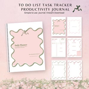 May include: A white spiral-bound daily planner with a pink and green wavy border. The cover reads "Daily Planner" and "To Do List Task Tracker Productivity Journal." Several coordinating pages are displayed, featuring pink and green accents.