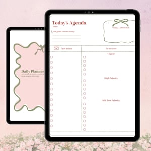 Könnte beinhalten: Zwei digitale Tablets, die ein Tagesplaner-Layout anzeigen. Der Planer enthält Abschnitte für "Today's Agenda", "Task Inbox" und "To-do lists". Das Design verwendet ein rosa-grünes Farbschema mit dekorativen Elementen und dem Text "Daily Planner".