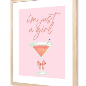 Martini Pink Bow &quot;I&#39;m Just a Girl&quot; Print, Coquette Aesthetic Wall Art, Pink Girly Coquette Decor, Soft Girl Aesthetic Digital Download