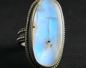 Rainbow Moonstone Oversized Ring in Sterling 7.5 US