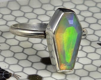 Ethiopian Opal Coffin Stacking Ring In Sterling Silver, Gothic Jewelry