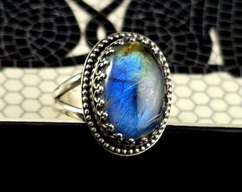 Gothic Cathedral Golden Rutile Quartz and Labradorite Doublet Ring in Sterling Silver US 7.5