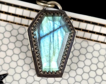 Green Labradorite Coffin Pendant in Sterling Silver, Gothic Memento Jewelry